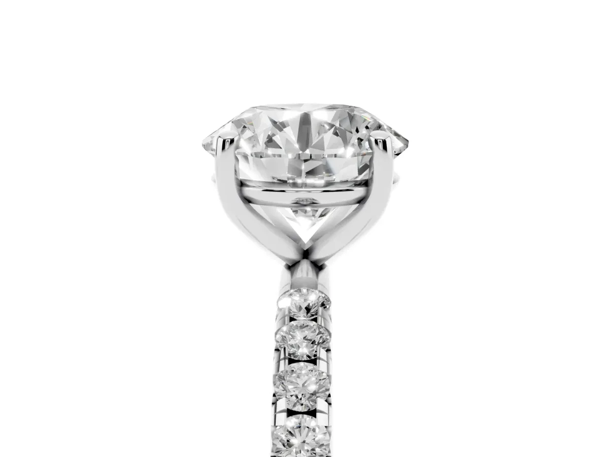 Round Cut Cut Diamond Solitaire Ring with Micro Pave Band and Four Prong Setting Silver