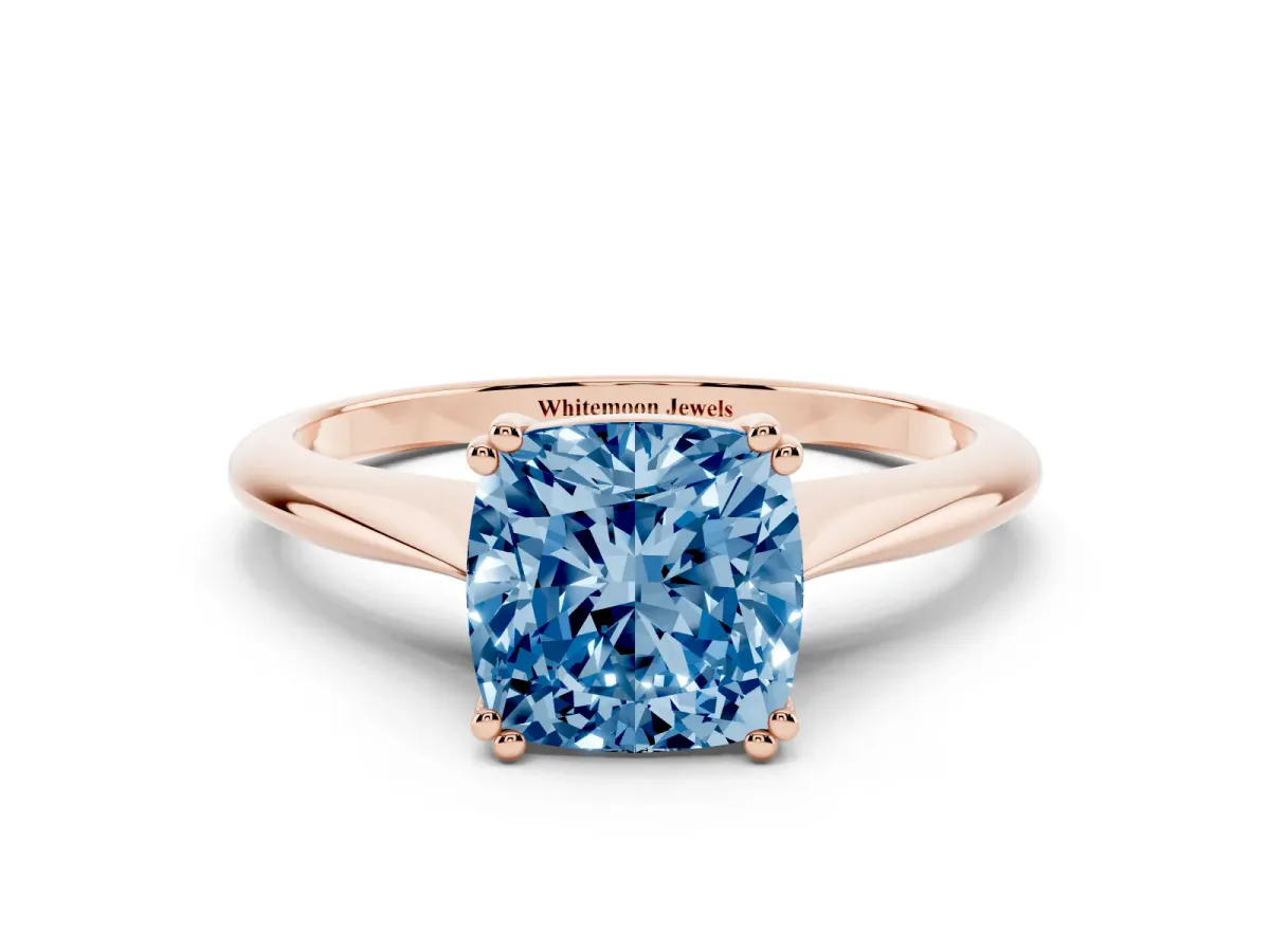 Fancy Blue Cushion Cut Solitaire Diamond Ring with Six-Prong Setting and Classic Band Rose gold