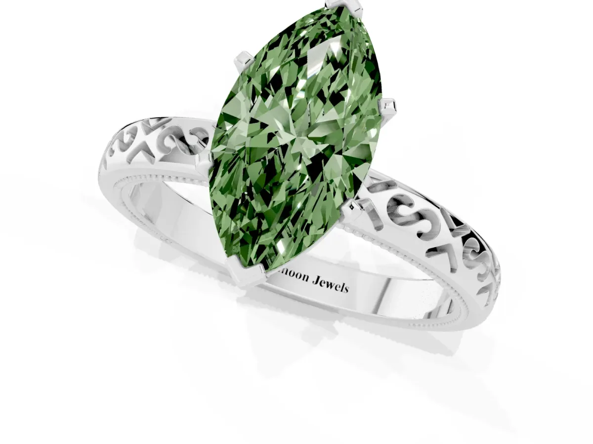 Fancy Green Marquise Cut Solitaire Engagement Ring with Scrollwork Band and Four-Prong Setting Silver