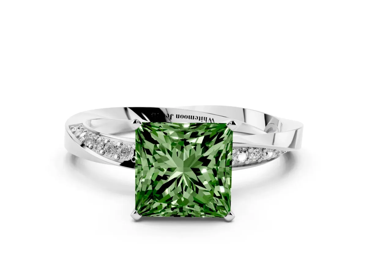Fancy Green Princess Cut Diamond Engagement Ring with Side Stone Accents and Four-Prong Setting Silver