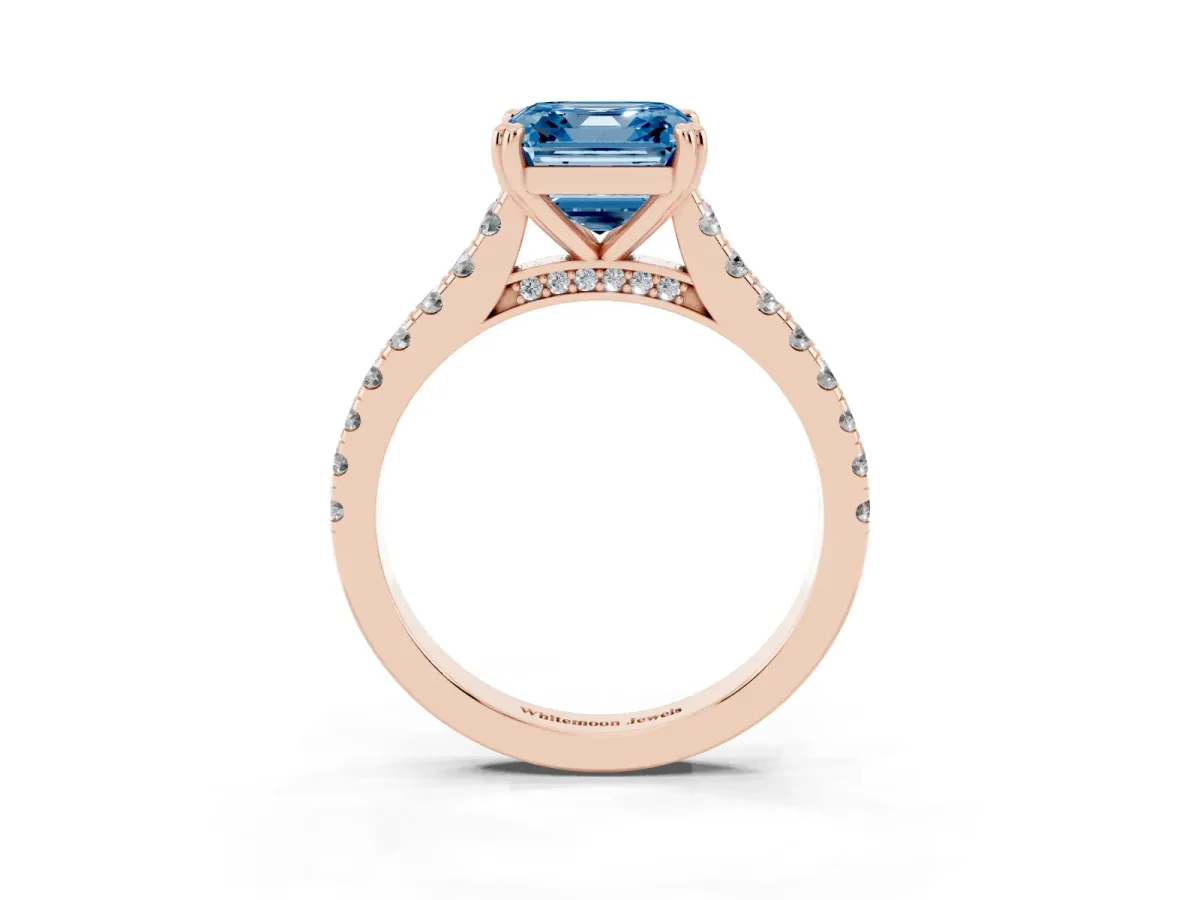 Fancy Blue Asscher Cut Solitaire Pave Diamond Engagement Ring with Prong Setting Rose gold