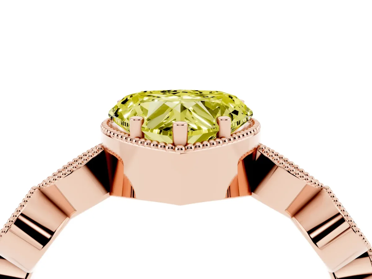 Fancy Yellow Heart Cut Diamond Vintage Milgrain Ring with Round Stations Rose gold