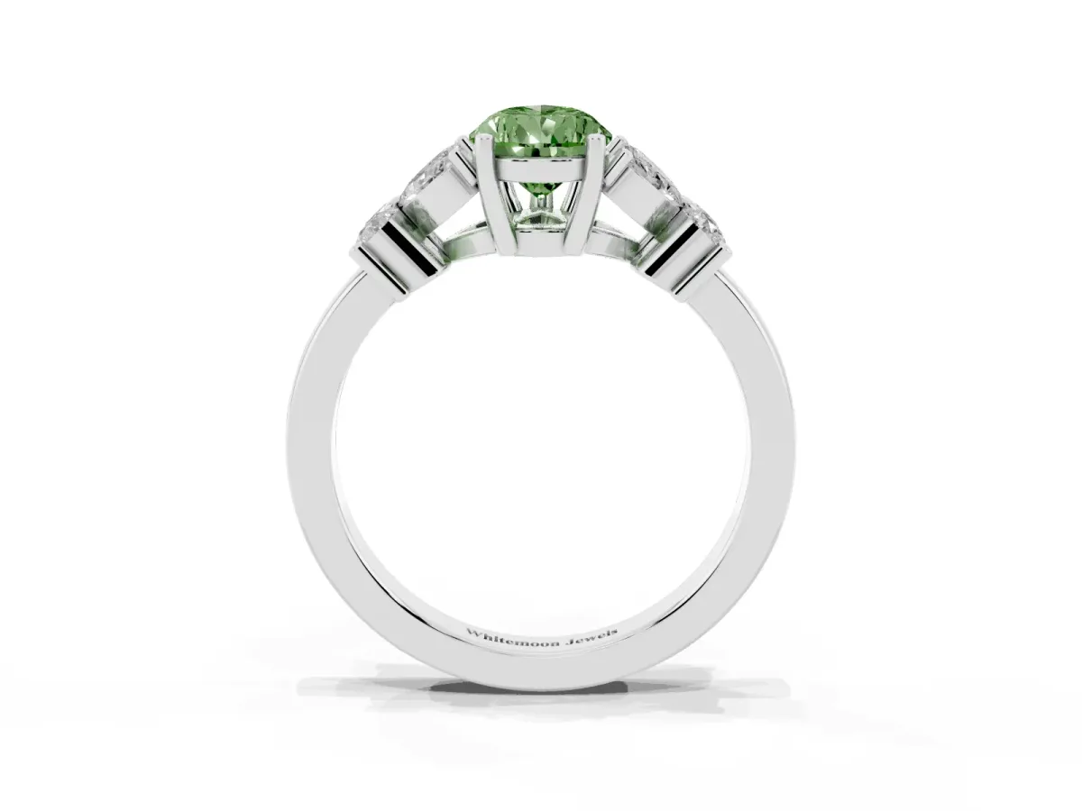 Fancy Green Pear Cut Diamond Floral Cluster Ring with Solitaire Band and Prong Setting Silver
