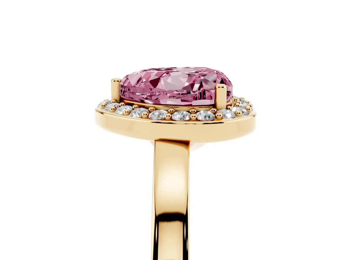 Fancy Pink Heart Cut Halo Diamond Ring with Solitaire Band and Prong Setting Yellow gold