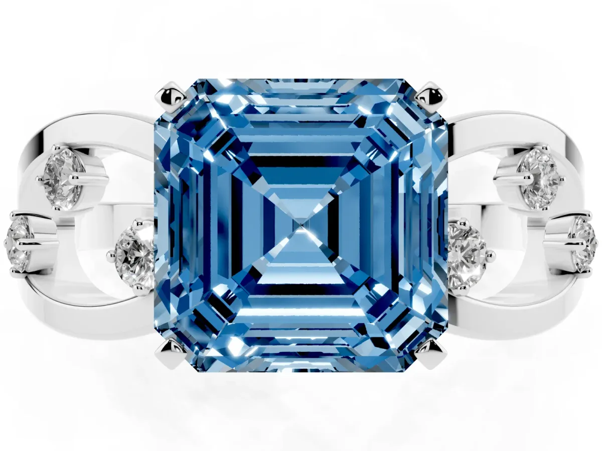 Fancy Blue Asscher Cut Cut Solitaire Diamond with Side Stones on Criss-Cross Band and Four-Prong Setting Platinum