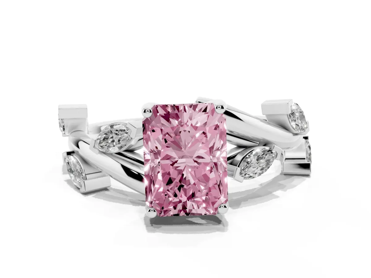 Fancy Pink Radiant Cut Solitaire Twisted Band Marquise Accent Prong Setting Ring Silver
