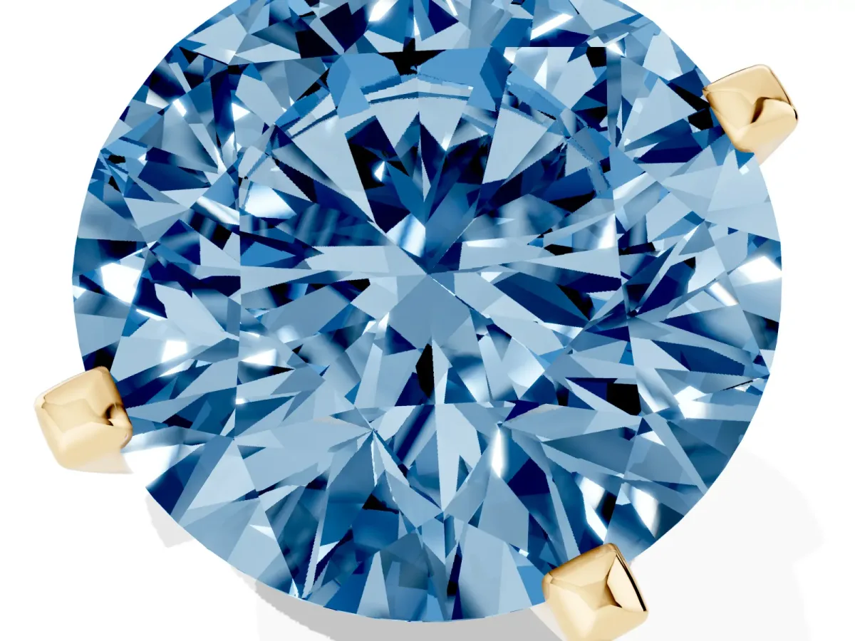 Fancy Blue Round Cut Diamond Solitaire Ring with Prong Setting and Classic Band Yellow gold