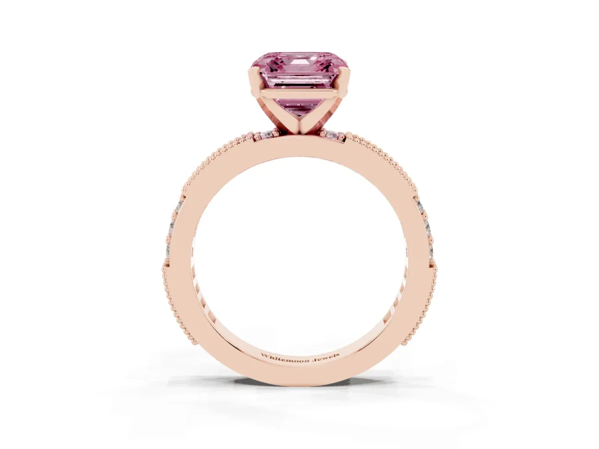 Fancy Pink Asscher Cut Solitaire with Pavé Band and Four-Prong Setting Rose gold