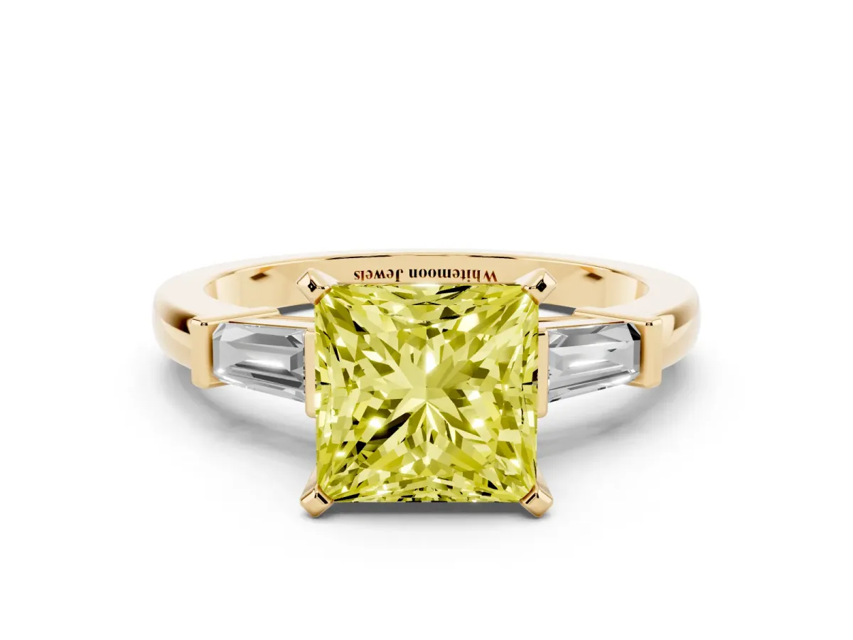Fancy Yellow Princess Cut Cut Diamond Solitaire Ring with Tapered Baguette Accents and Four-Prong Setting Yellow gold