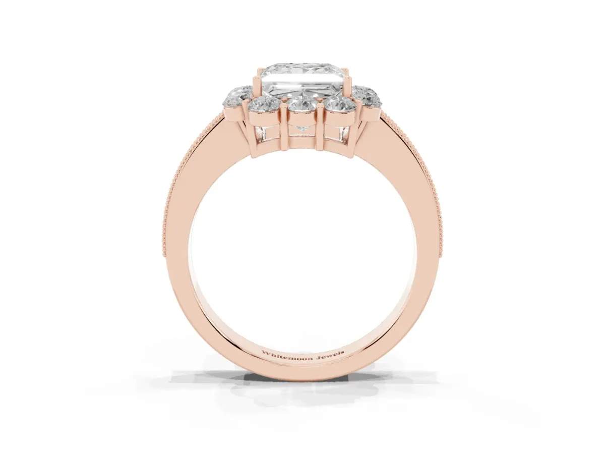 Princess Cut Cut Halo Diamond Pavé Engagement Ring with Milgrain Detailing Rose gold
