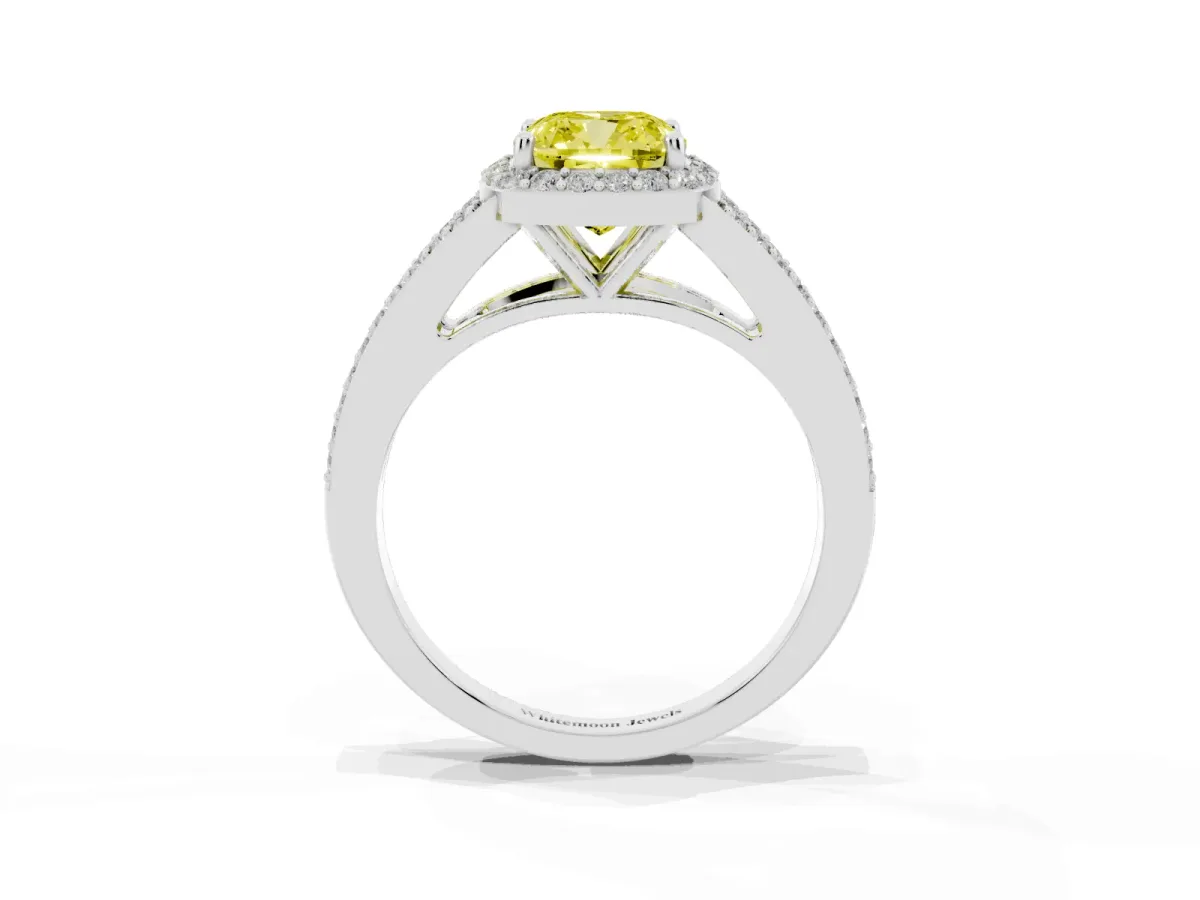 Fancy Yellow Cushion Cut Halo Split Shank Diamond Ring with Prong Setting Silver