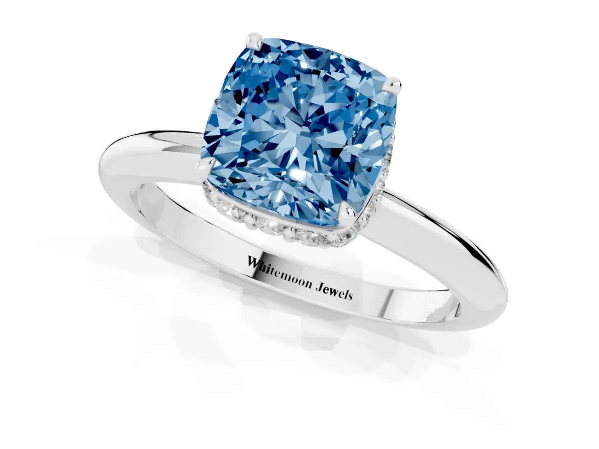 Fancy Blue Cushion Cut Brilliant Solitaire Engagement Ring with Six-Prong Setting and Classic Band White gold