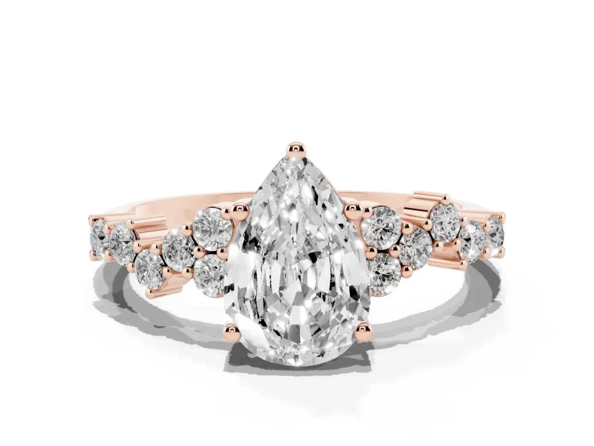 Pear Cut Diamond Scattered Round Accent Ring with Prong Setting Rose gold