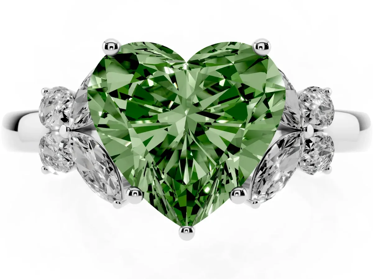 Fancy Green Heart Cut Cut Solitaire Floral Diamond Ring with Four-Prong Setting Silver