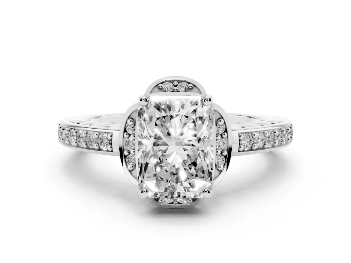 Radiant Cut Cut Halo Diamond Ring with Channel Set Band and Four-Prong Setting White gold