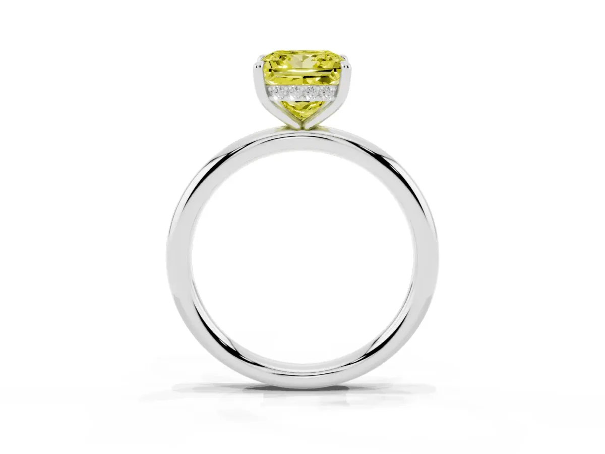 Fancy Yellow Princess Cut Diamond Solitaire Ring with Thin Band and Four-Prong Setting Platinum