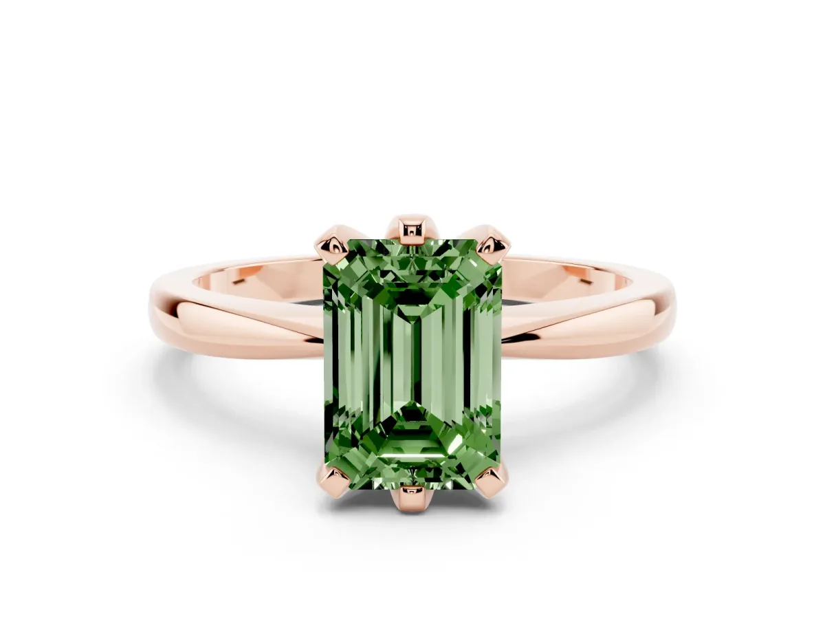 Fancy Green Emerald Cut Solitaire Engagement Ring with Six-Prong Setting and Tapered Band Rose gold