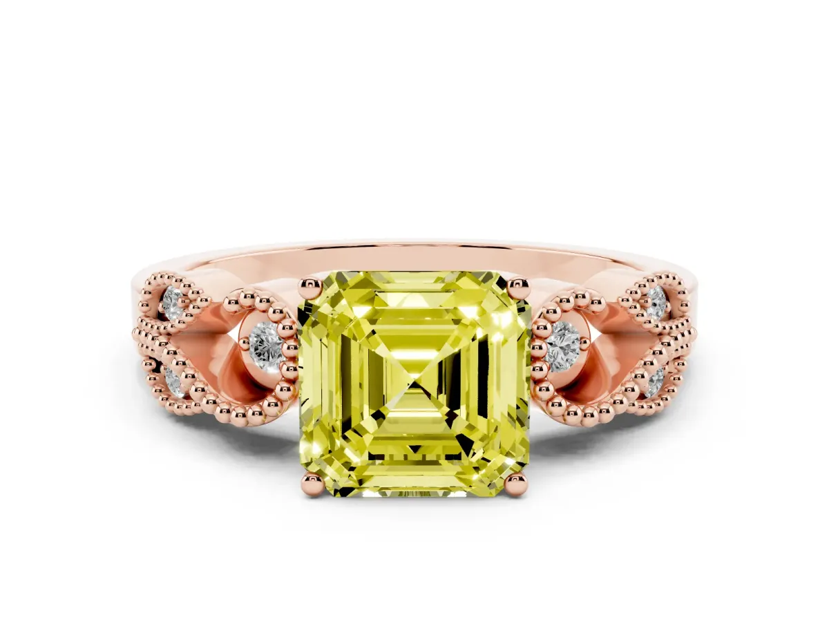 Fancy Yellow Asscher Cut Solitaire Milgrain Leaf Band with Prong Setting Rose gold