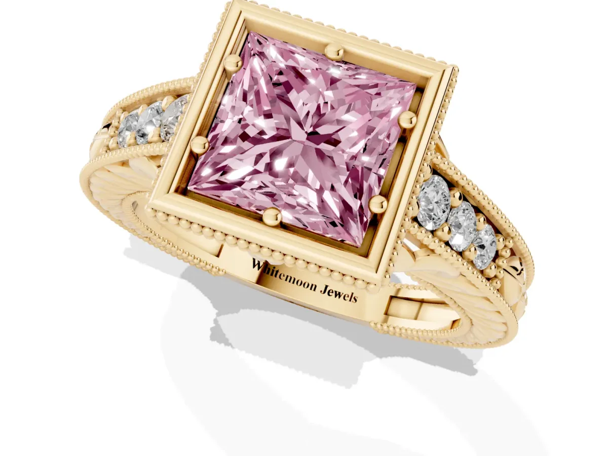 Fancy Pink Bezel Set Princess Cut Diamond Milgrain Pave Engagement Ring Yellow gold