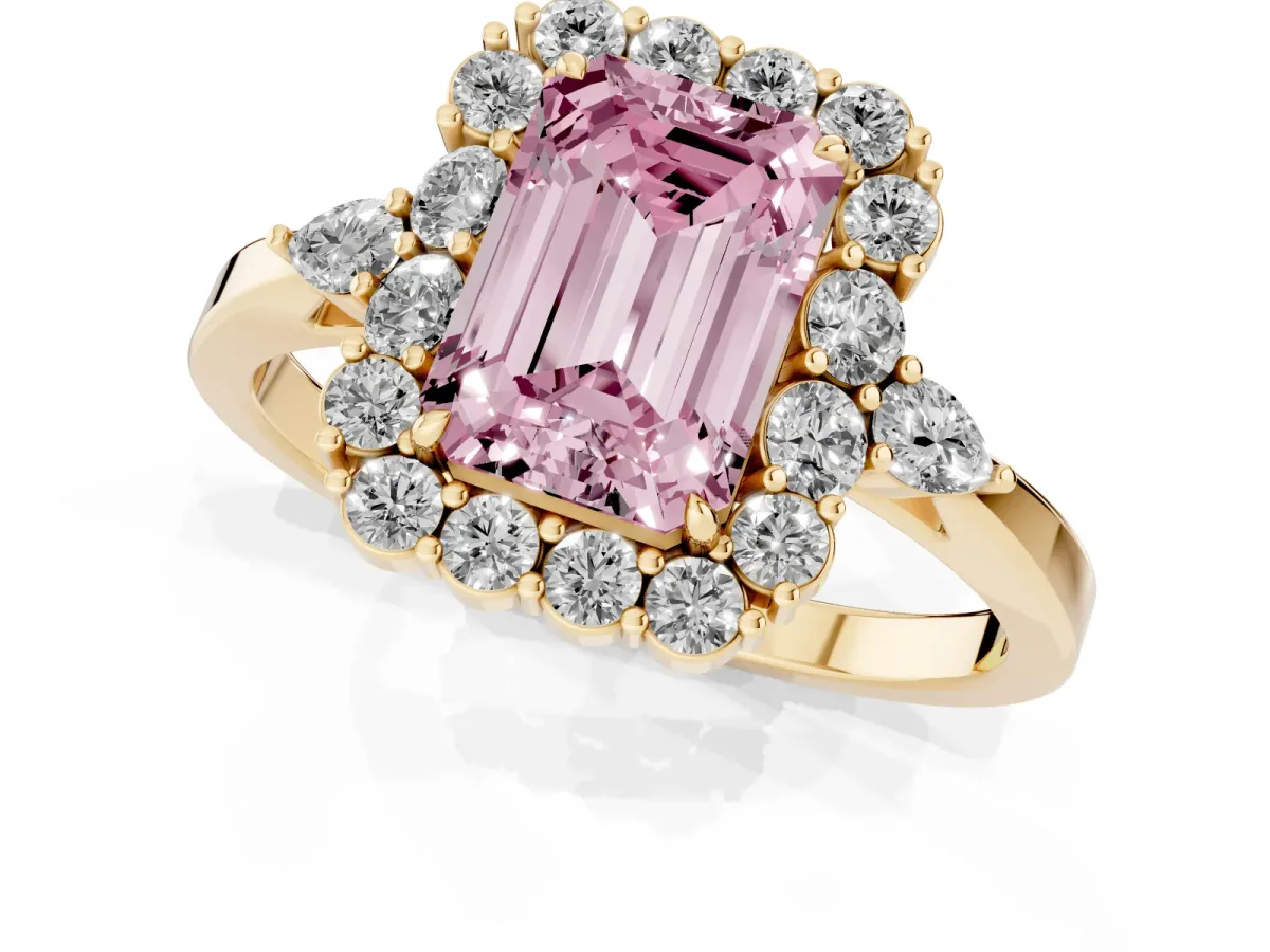 Fancy Pink Emerald Cut Diamond Halo Ring with Pear Side Stones and Prong Setting Yellow gold