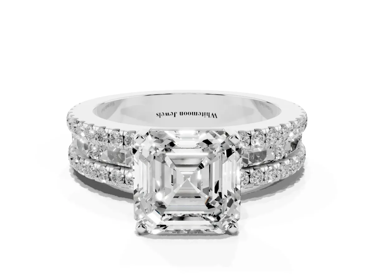 Asscher Cut Diamond Solitaire Ring with Pavé and Channel Set Band Silver