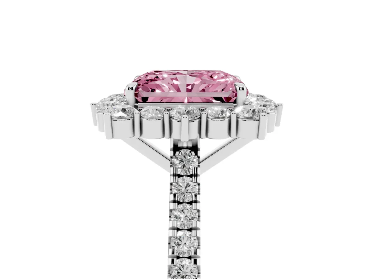 Fancy Pink Radiant Cut Halo Diamond Ring with Pavé Band and Prong Setting Silver