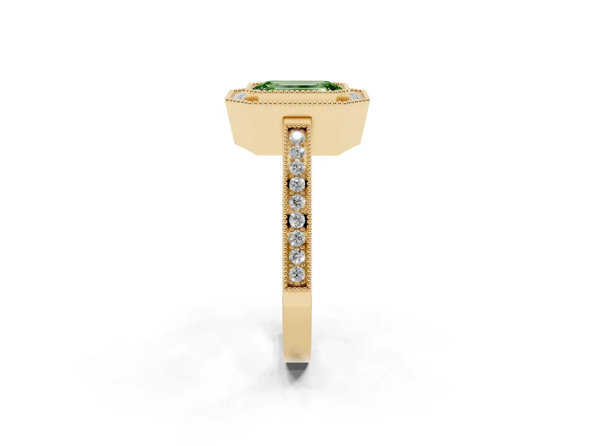 Fancy Green Emerald Cut Cut Halo Diamond Ring with Pavé Band and Milgrain Prong Setting Yellow gold