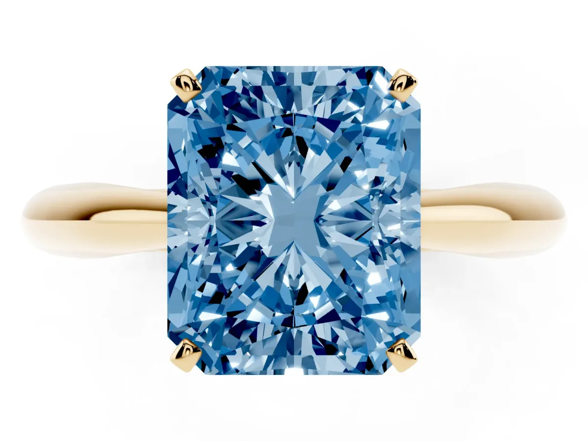 Fancy Blue Radiant Cut Diamond Solitaire Engagement Ring with Cathedral Setting and Four-Prong Mount Yellow gold