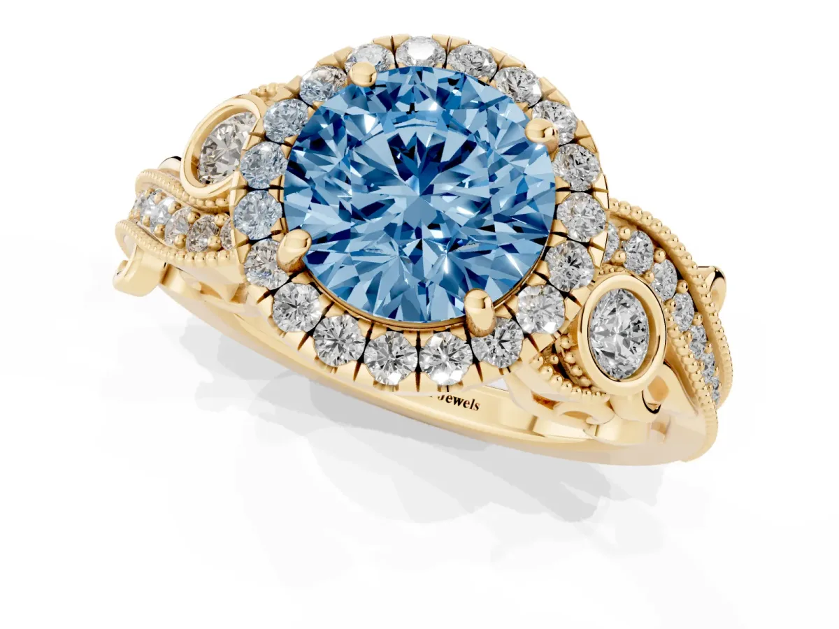 Fancy Blue Round Cut Halo Diamond Ring with Milgrain and Bezel Accents on a Split Shank Band Yellow gold