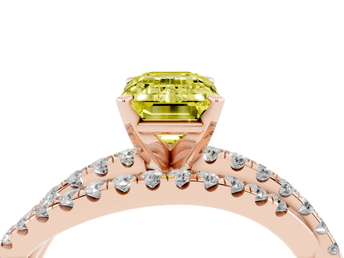 Fancy Yellow Emerald Cut Solitaire Twist Band with Pavé Setting and Four-Prong Setting Rose gold