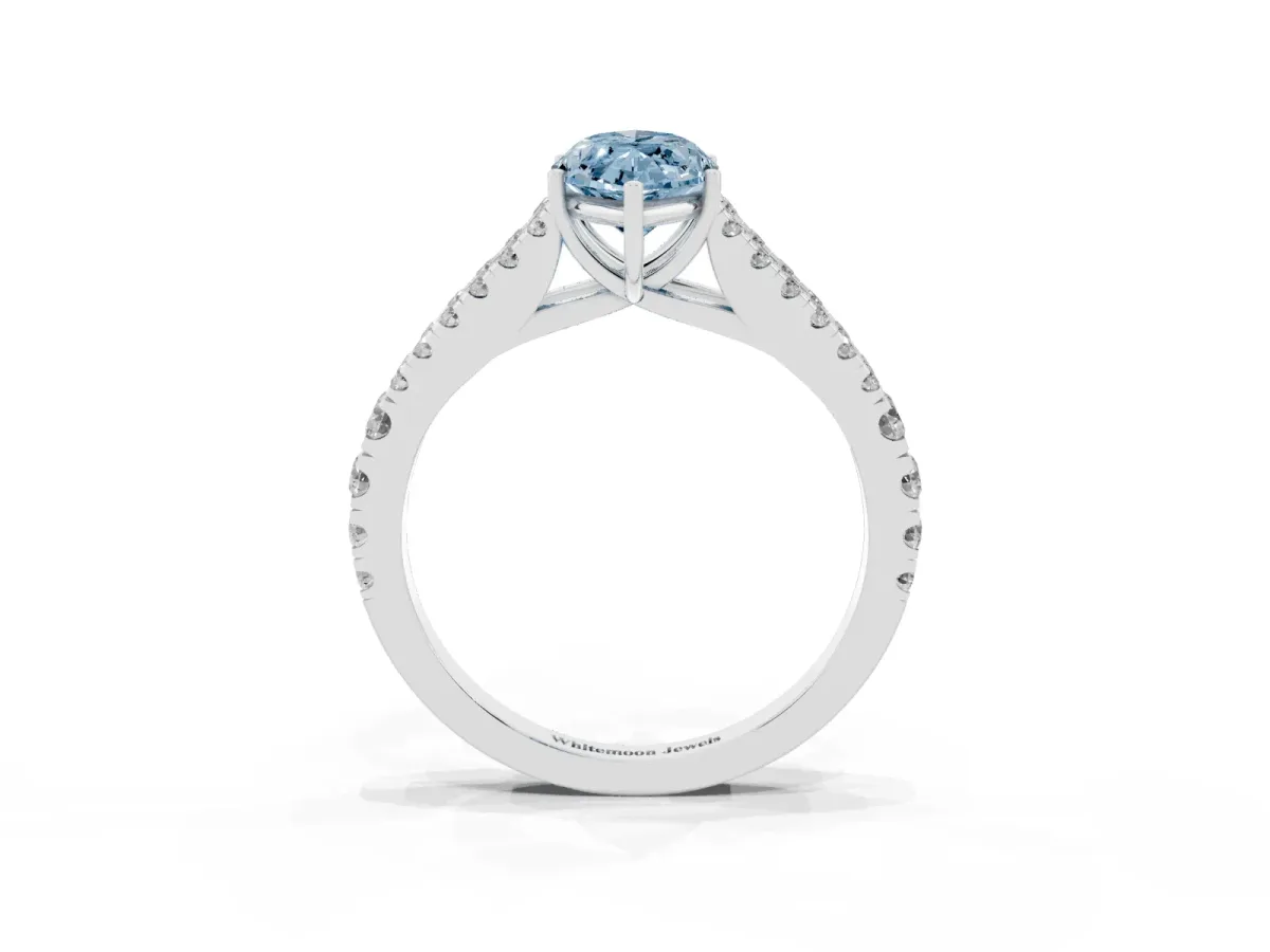 Fancy Blue Marquise Cut Diamond Split Shank Pavé Engagement Ring with Four-Prong Setting Platinum