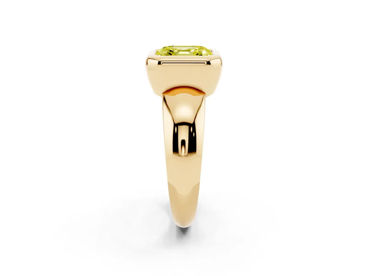 Fancy Yellow Bezel Set Asscher Cut Solitaire Ring with Wide Band Yellow gold