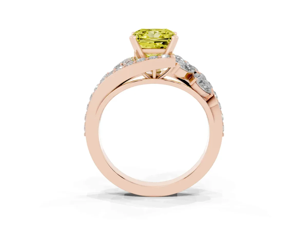 Fancy Yellow Princess Cut Diamond Halo Ring with Marquise and Pavé Band in Prong Setting Rose gold