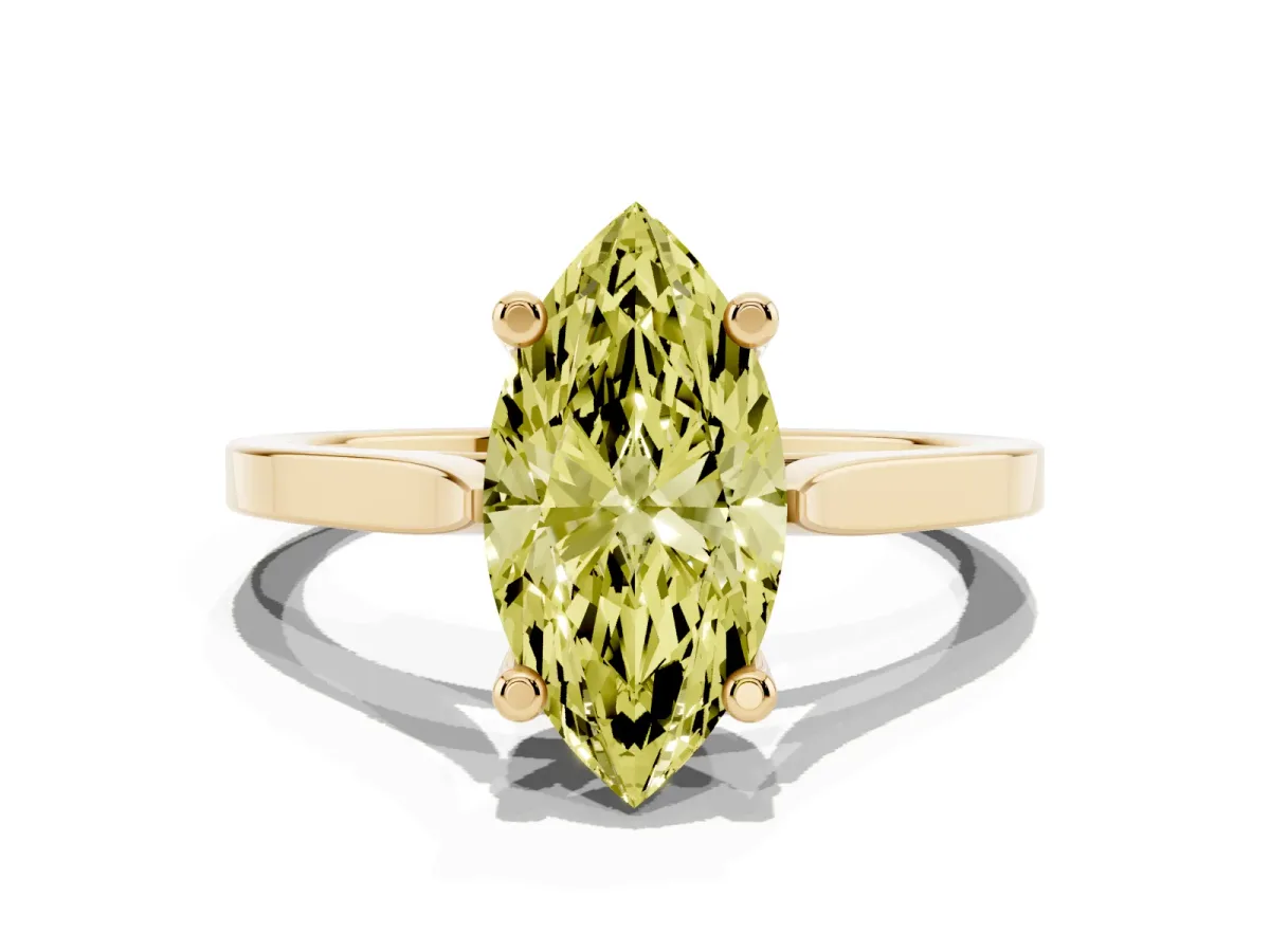Fancy Yellow Marquise Cut Solitaire Diamond Ring with Four-Prong Setting and Tapered Band Yellow gold
