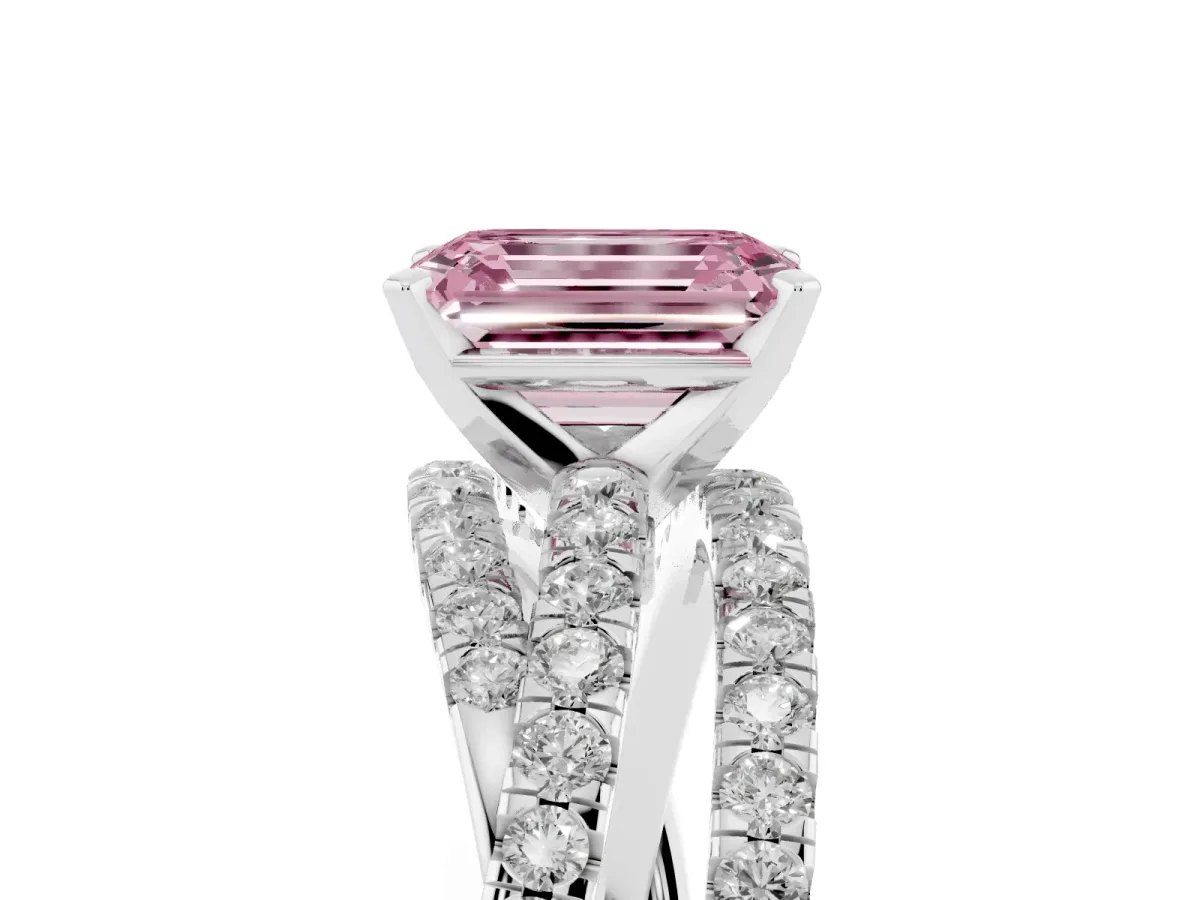 Fancy Pink Emerald Cut Solitaire Twist Band with Pavé Setting and Four-Prong Setting Silver