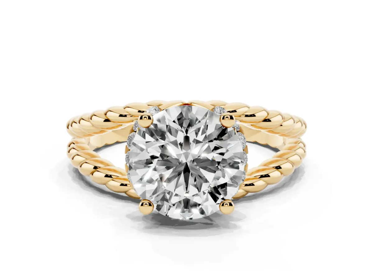 Round Cut Halo Twisted Band Four-Prong Ring Yellow gold