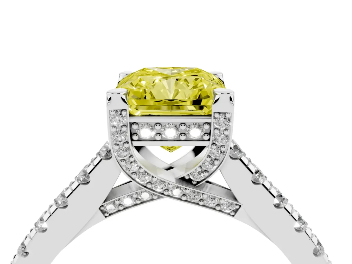Fancy Yellow Radiant Cut Brilliant Diamond Solitaire with Pavé Band and Four-Prong Setting Platinum