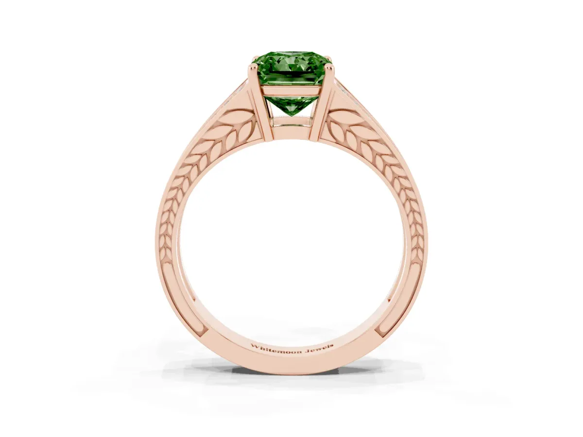 Fancy Green Radiant Cut Diamond Split Shank Ring with Pavé Band and Four-Prong Setting Rose gold