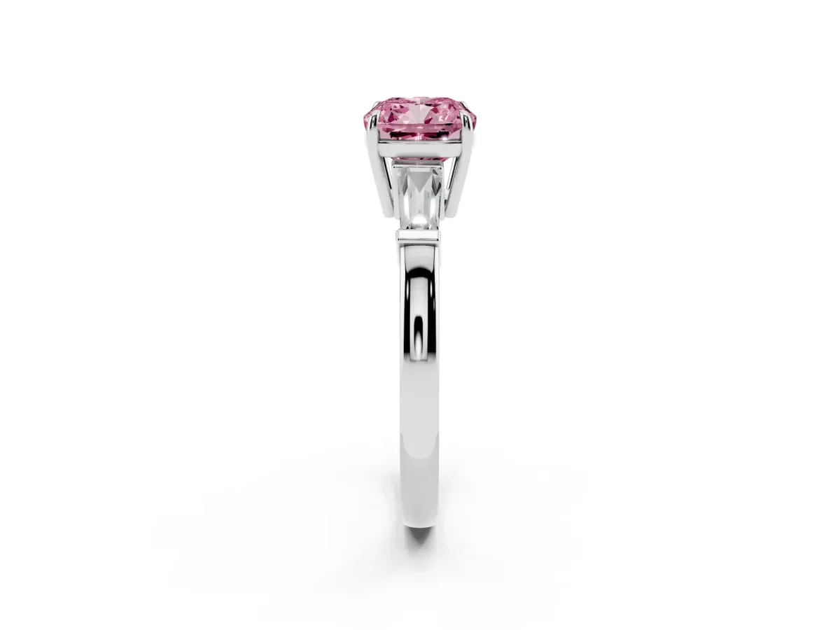 Fancy Pink Cushion Cut Diamond Three-Stone Ring with Tapered Baguette Side Stones and Prong Setting Silver