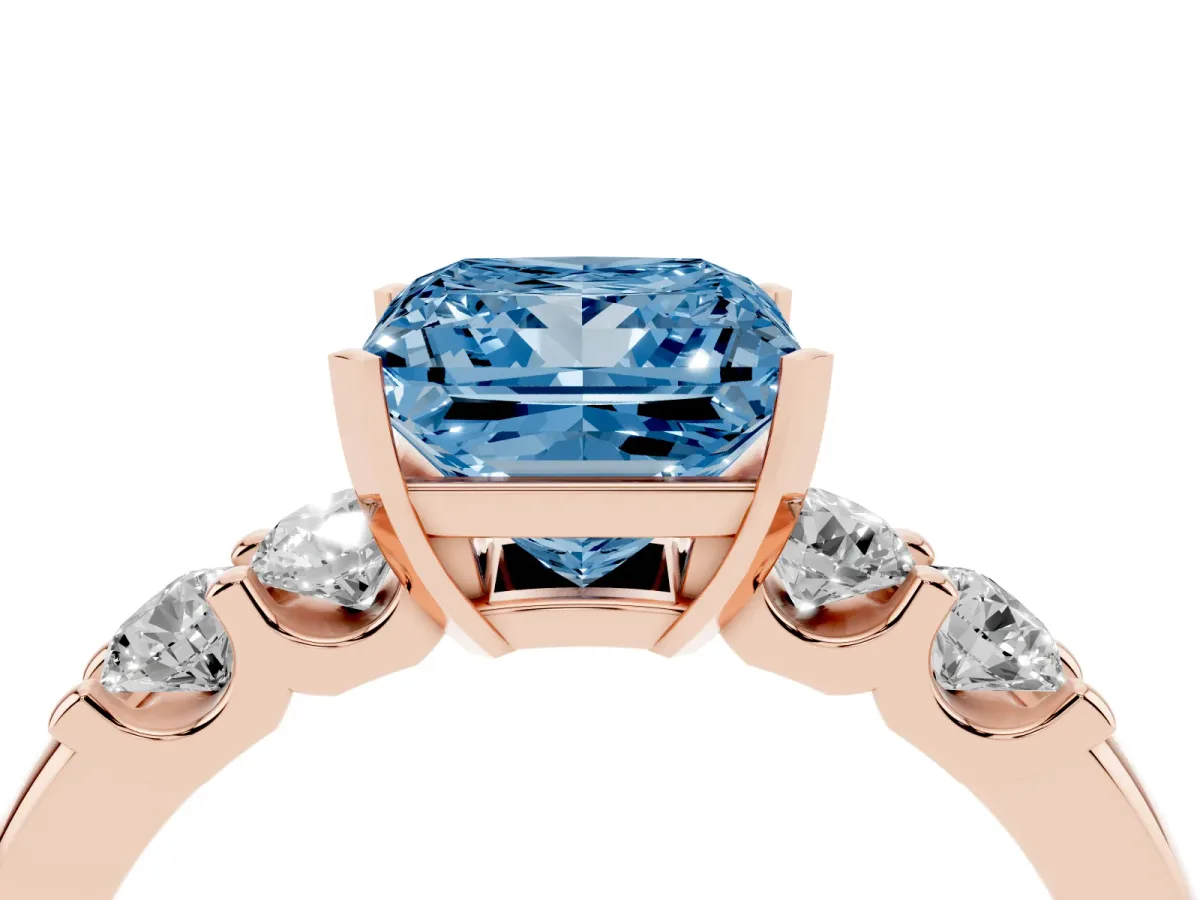Fancy Blue Princess Cut Brilliant Cut Diamond Five-Stone Prong Set Engagement Ring with Channel Band Rose gold