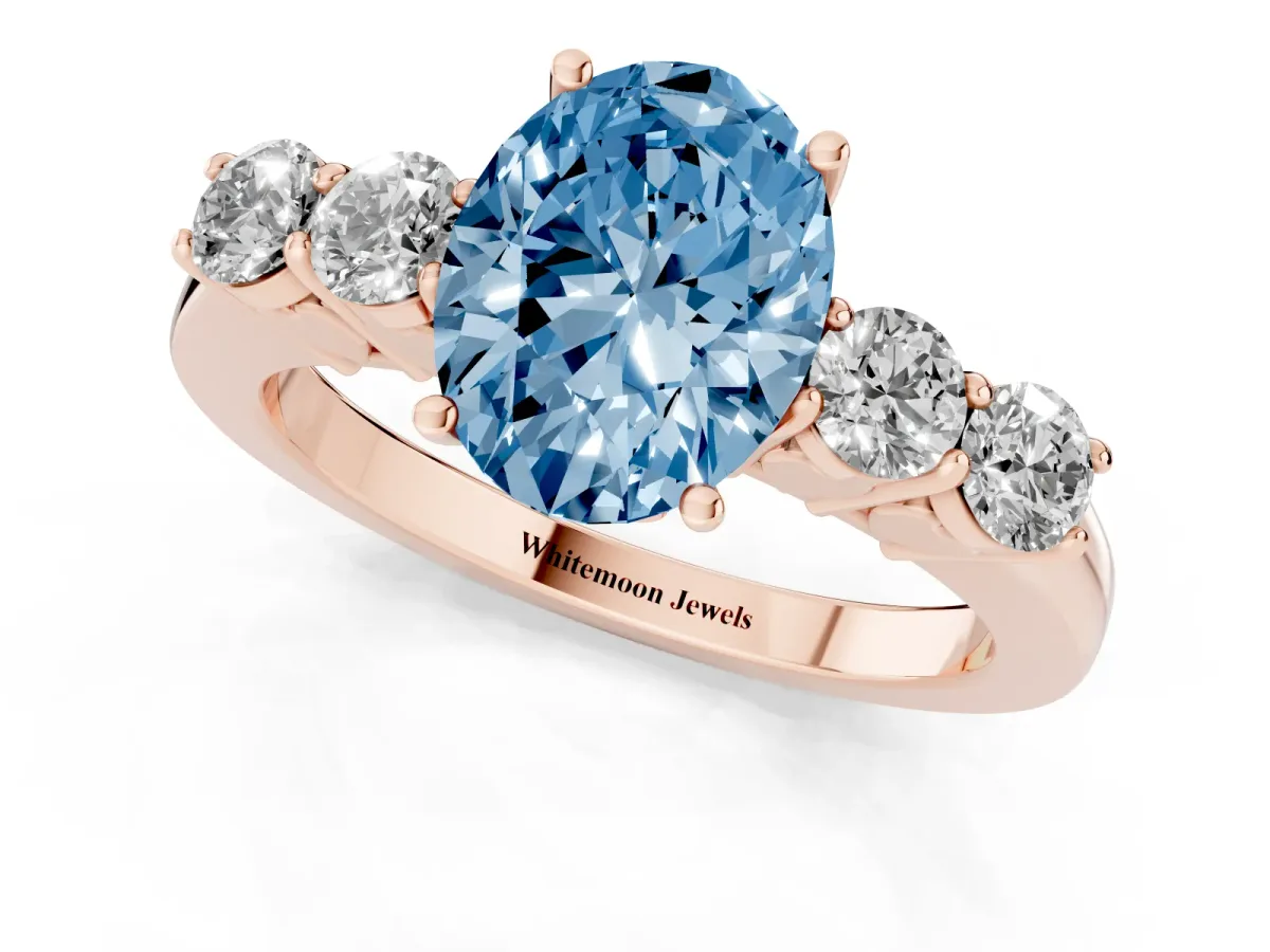 Fancy Blue Oval Cut Cut Diamond Five-Stone Prong Set White Gold Ring Rose gold