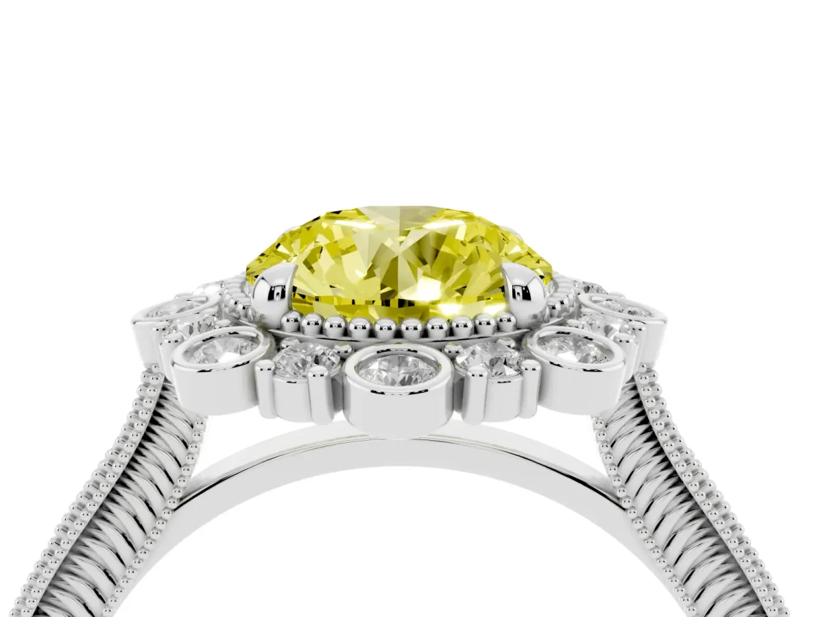 Fancy Yellow Round Cut Halo Milgrain Pave Diamond Ring with Four-Prong Setting Silver