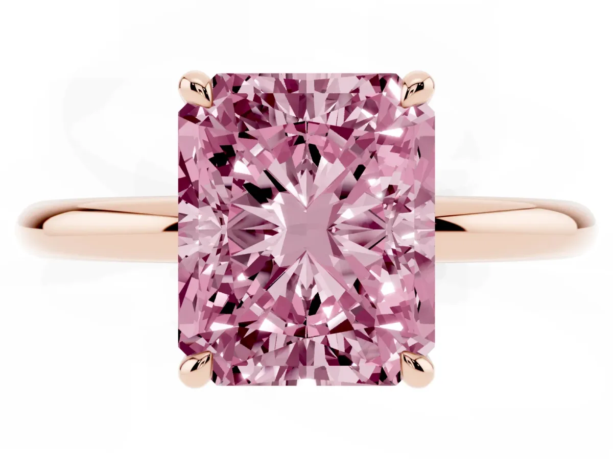 Fancy Pink Radiant Cut Diamond Solitaire Ring with Thin Band and Four-Prong Setting Rose gold