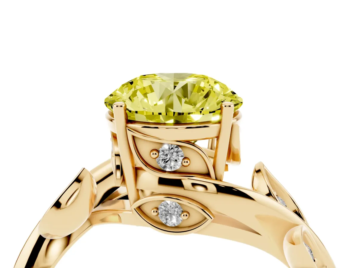Fancy Yellow Round Cut Solitaire Twist Engagement Ring with Leaf Accents and Prong Setting Yellow gold