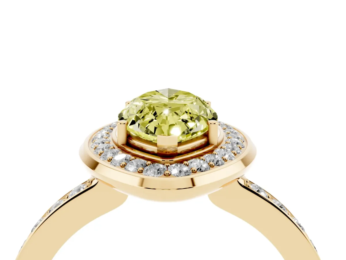 Fancy Yellow Marquise Cut Diamond Halo Ring with Bezel Frame and Pavé Band Yellow gold