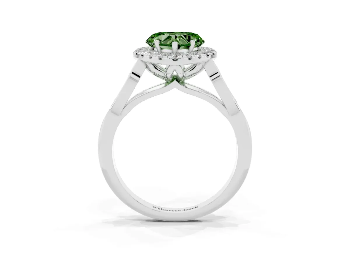 Fancy Green Heart Cut Halo Diamond Engagement Ring with Filigree Band and Four-Prong Setting Silver