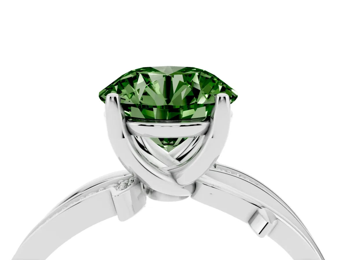 Fancy Green Round Cut Solitaire Twist Band with Pavé Accents and Four-Prong Setting White gold