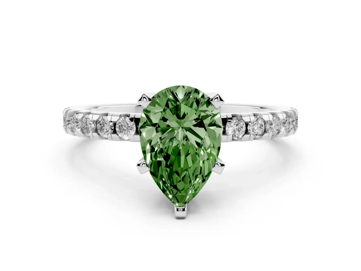Fancy Green Pear Cut Diamond Solitaire Ring with Round Pavé Band and Four-Prong Setting Silver