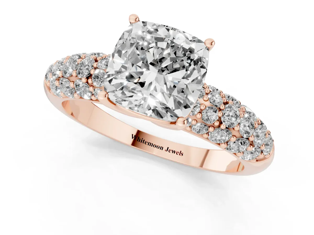Cushion Cut Diamond Pavé Band Solitaire Ring with Four-Prong Setting Rose gold