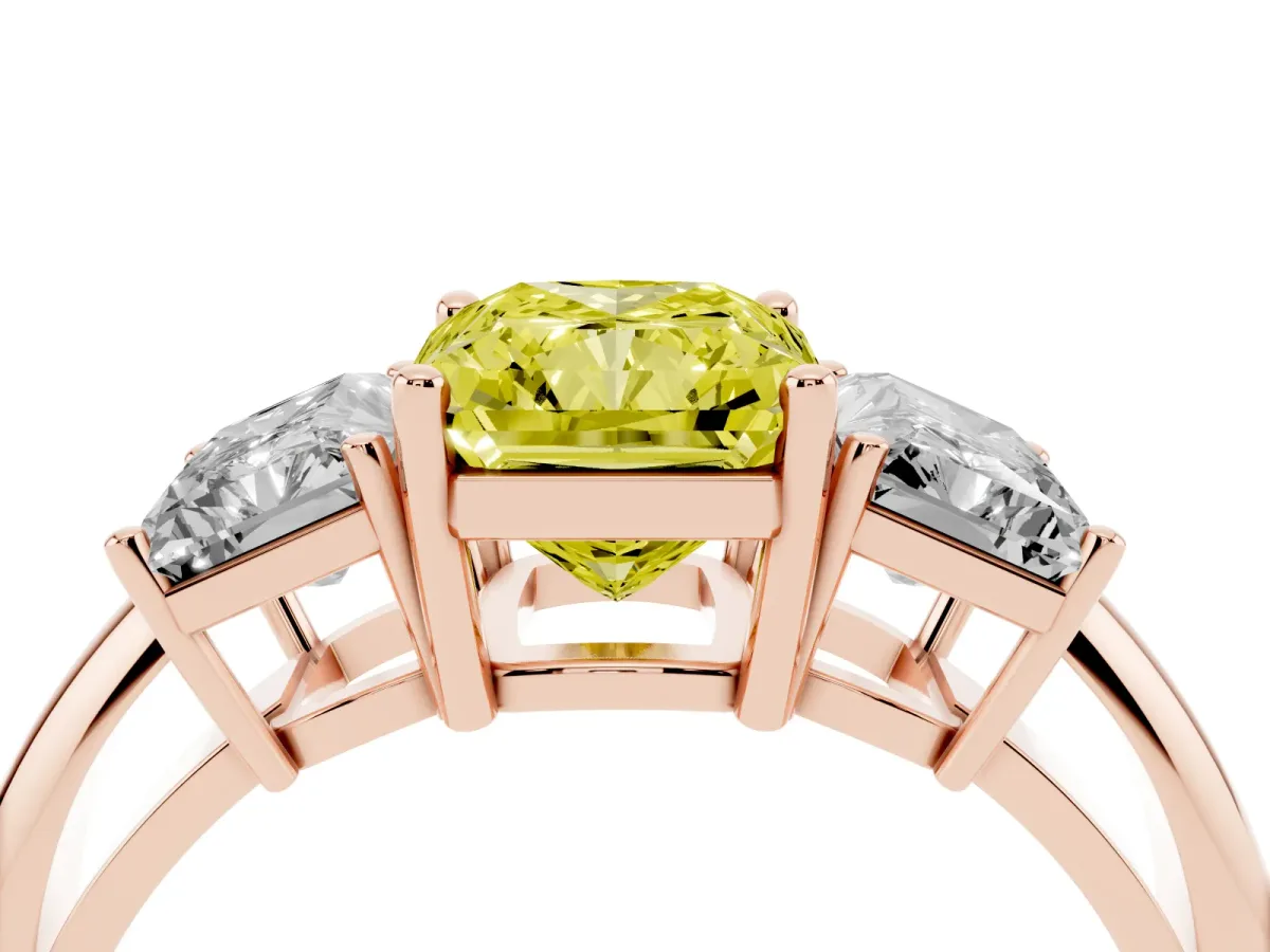 Fancy Yellow Three-Stone Radiant Cut Cut Diamond Engagement Ring with Prong Setting on a White Gold Band Rose gold